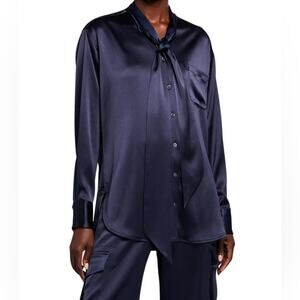 Sies Marjan Satin Tie Neck Blouse Navy size XS Button Front Curtail Soft